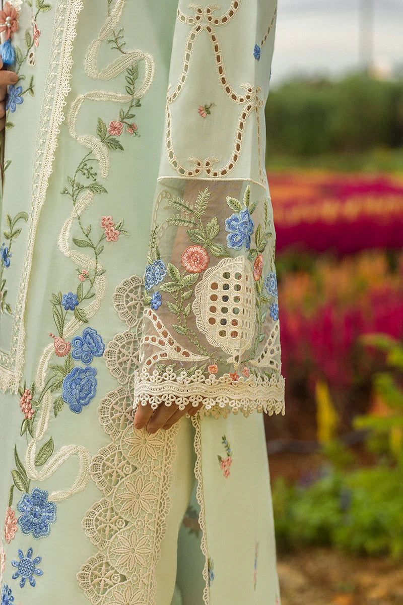 Model wearing mint green Starlit Lillies dress from Mushq Secret Garden Spring/Summer '25, Pakistani Luxury pret, Pakistani clothes online in UK.