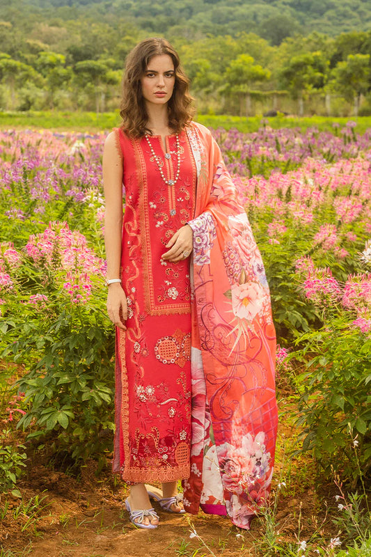 Model wearing red Wanderlust Blooms dress from Mushq Secret Garden Spring/Summer '25, Pakistani Luxury pret, Pakistani clothes online in UK.