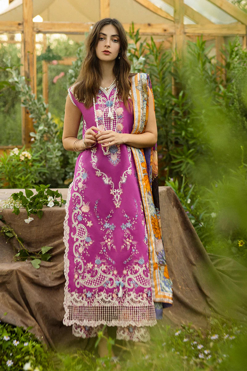 Model wearing purple Mystic Rose dress from Mushq Secret Garden Spring/Summer '25, Pakistani Luxury pret, Pakistani clothes online in UK.