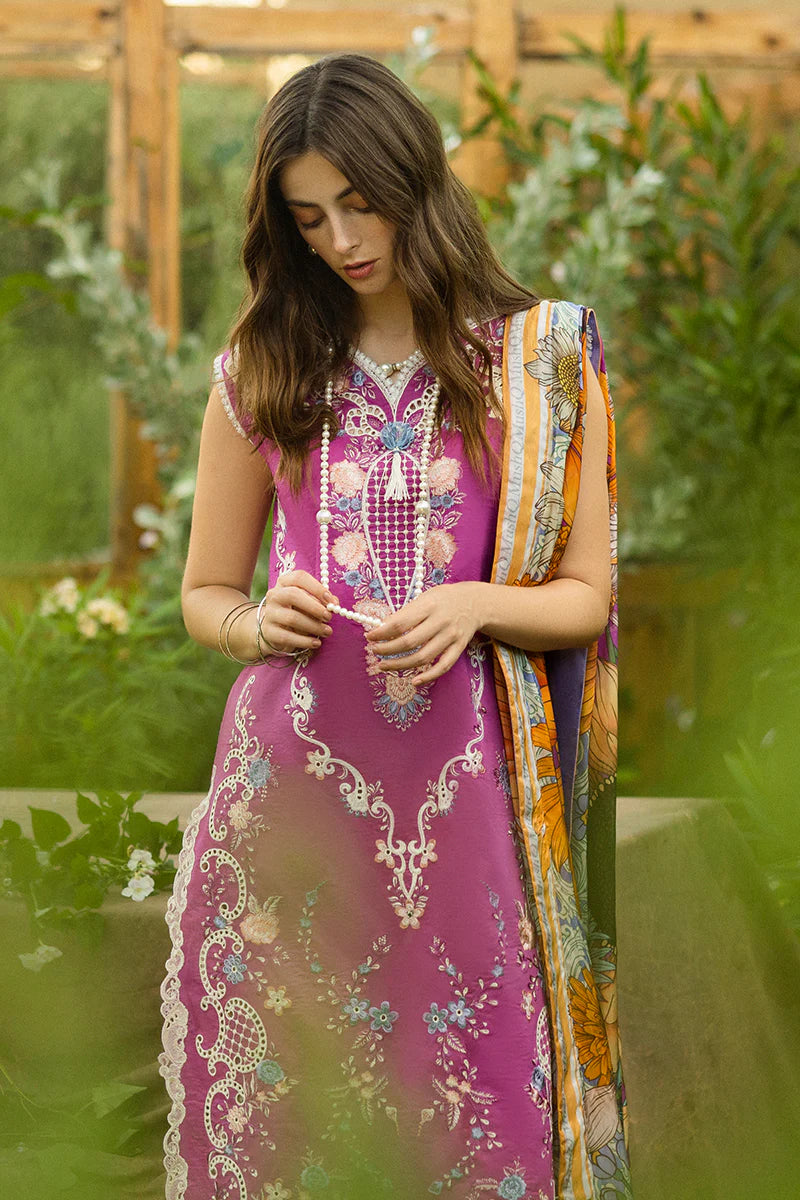 Model wearing purple Mystic Rose dress from Mushq Secret Garden Spring/Summer '25, Pakistani Luxury pret, Pakistani clothes online in UK.