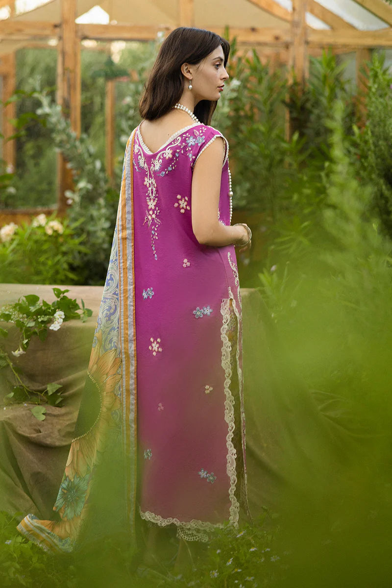 Model wearing purple Mystic Rose dress from Mushq Secret Garden Spring/Summer '25, Pakistani Luxury pret, Pakistani clothes online in UK.