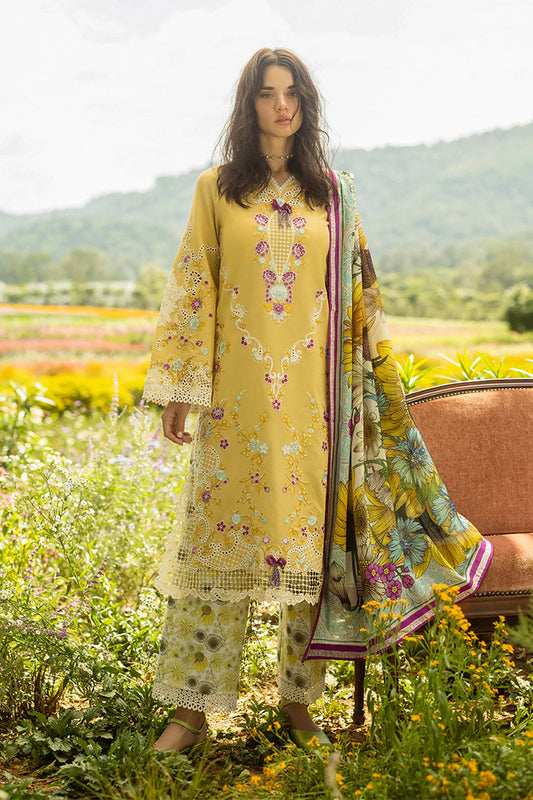 Model wearing mustard Faded Sunflower dress from Mushq Secret Garden Spring/Summer '25, Pakistani Luxury pret, Pakistani clothes online in UK.