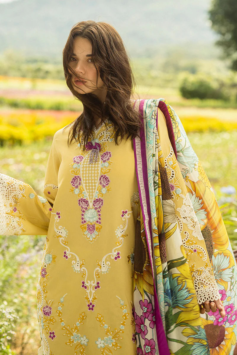Model wearing mustard Faded Sunflower dress from Mushq Secret Garden Spring/Summer '25, Pakistani Luxury pret, Pakistani clothes online in UK.
