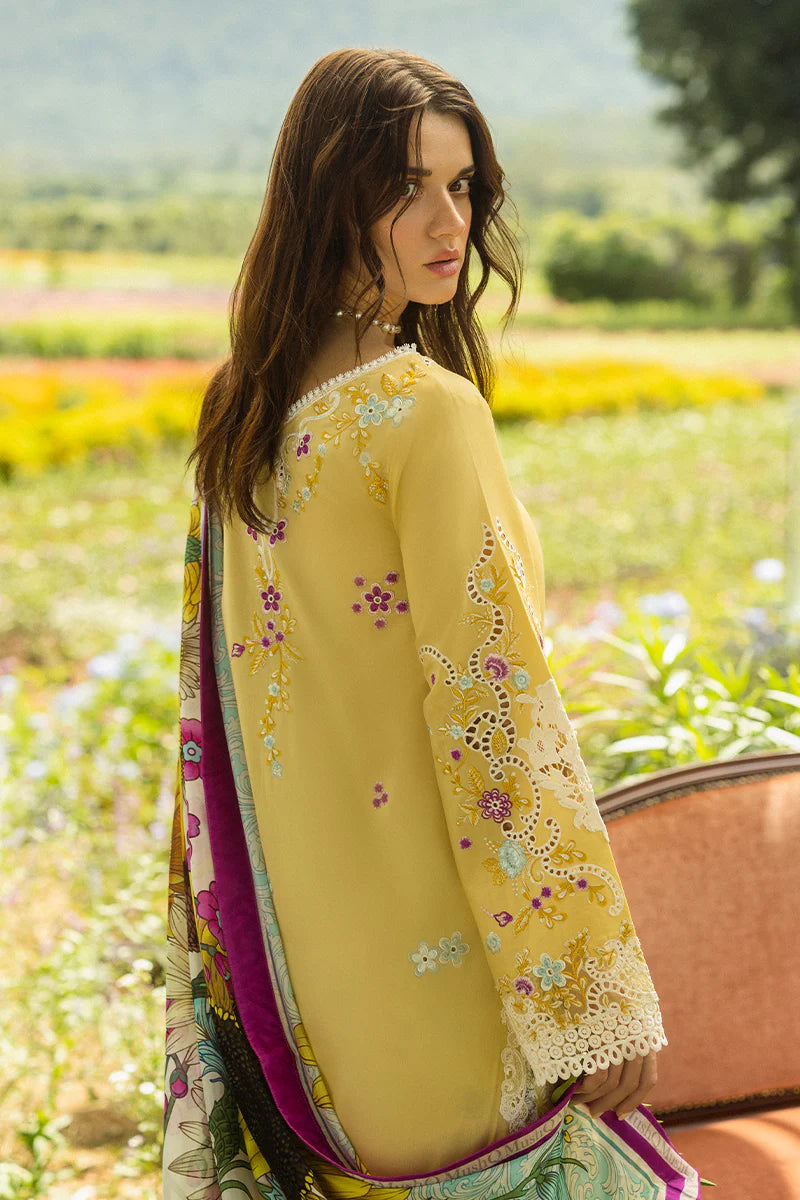Model wearing mustard Faded Sunflower dress from Mushq Secret Garden Spring/Summer '25, Pakistani Luxury pret, Pakistani clothes online in UK.