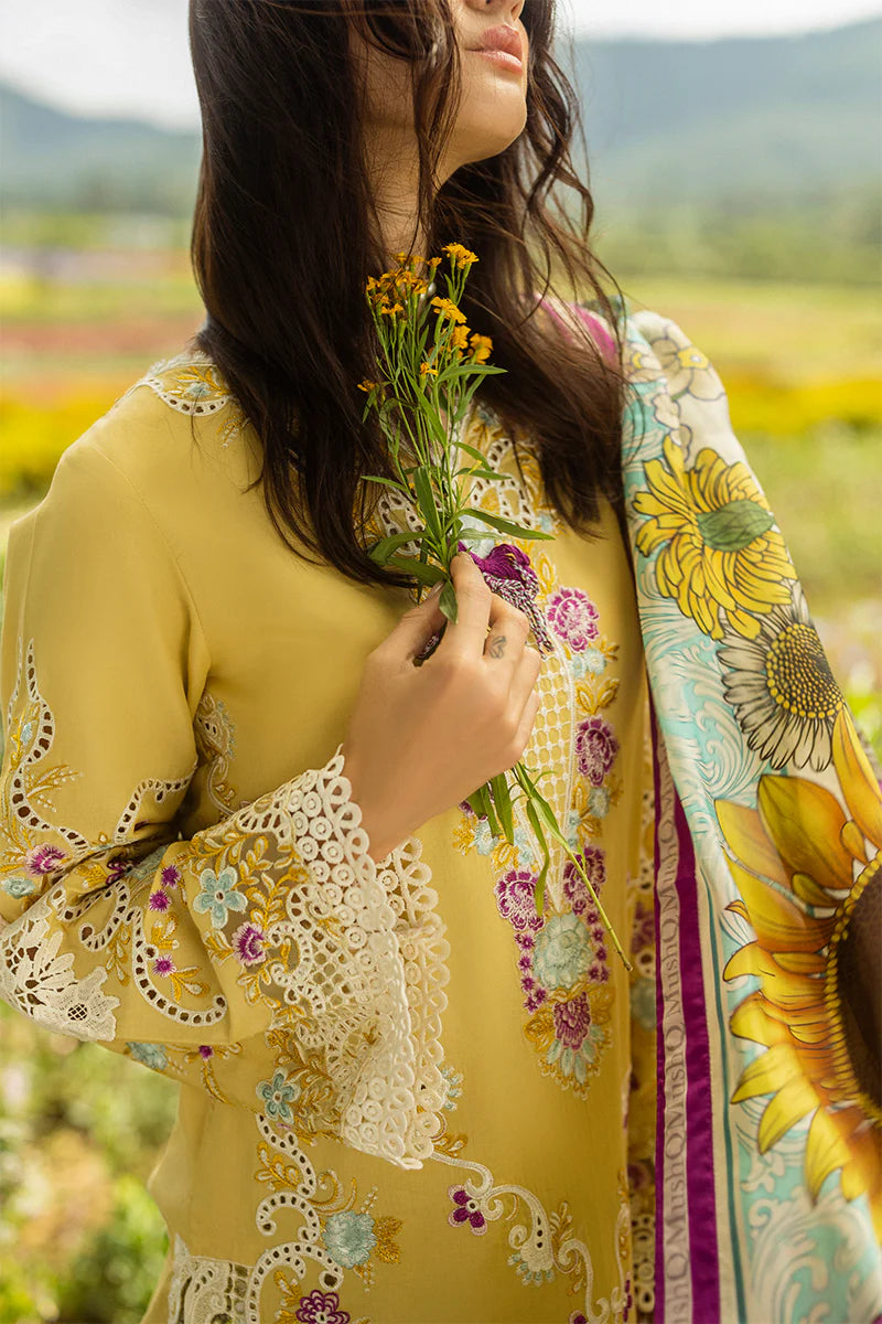 Model wearing mustard Faded Sunflower dress from Mushq Secret Garden Spring/Summer '25, Pakistani Luxury pret, Pakistani clothes online in UK.
