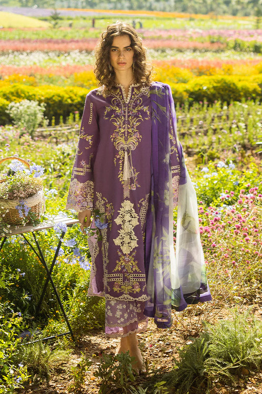 Model wearing deep purple Celestial Bloom dress from Mushq Secret Garden Spring/Summer '25, Pakistani Luxury pret, Pakistani clothes online in UK.