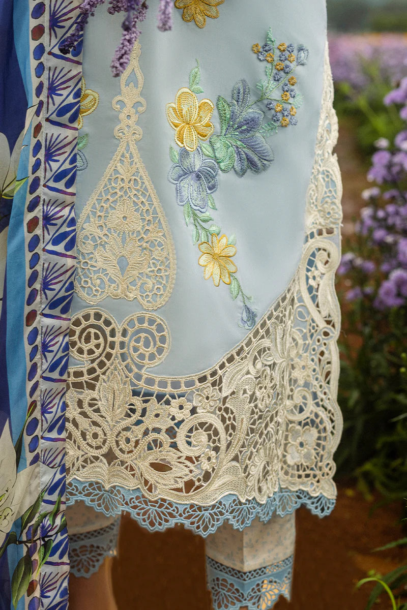 Model wearing pastel blue Hidden Oasis dress from Mushq Secret Garden Spring/Summer '25, Pakistani Luxury pret, Pakistani clothes online in UK.