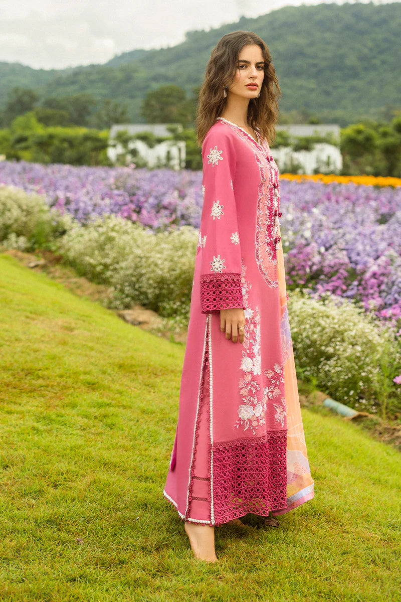Model wearing pink Garden of Dreams dress from Mushq Secret Garden Spring/Summer '25, Pakistani Luxury pret, Pakistani clothes online in UK.