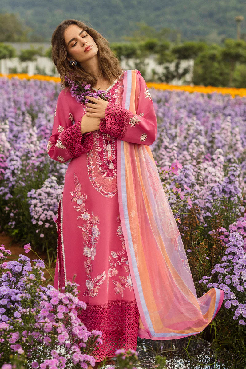 Model wearing pink Garden of Dreams dress from Mushq Secret Garden Spring/Summer '25, Pakistani Luxury pret, Pakistani clothes online in UK.