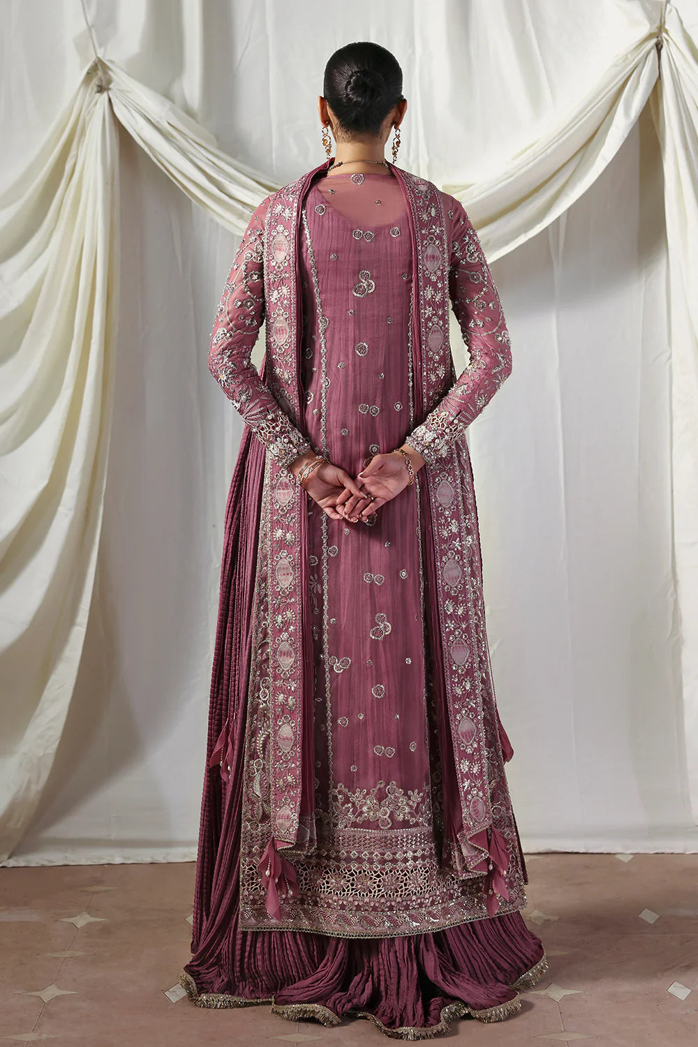 Model wearing Isolde by Soraya in deep mauve embellished outfit – Pakistani luxury pret perfect for festive wear, shop online in UK.