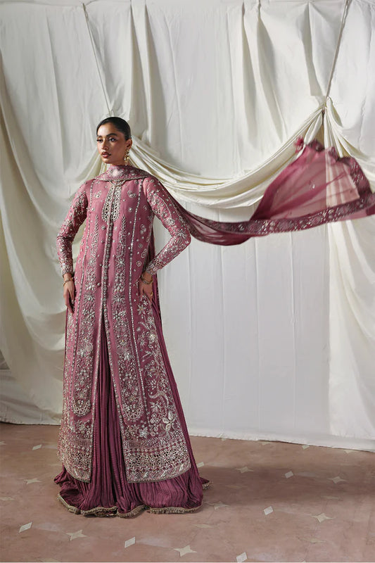 Model wearing Isolde by Soraya in deep mauve embellished outfit – Pakistani luxury pret perfect for festive wear, shop online in UK.