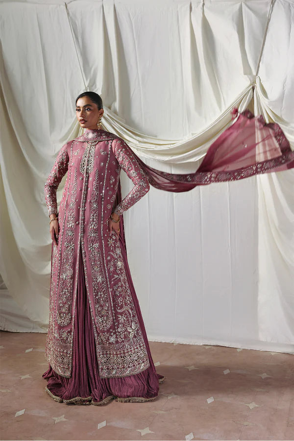 Model wearing Isolde by Soraya in deep mauve embellished outfit – Pakistani luxury pret perfect for festive wear, shop online in UK.