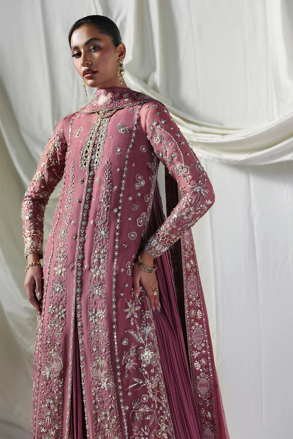 Model wearing Isolde by Soraya in deep mauve embellished outfit – Pakistani luxury pret perfect for festive wear, shop online in UK.