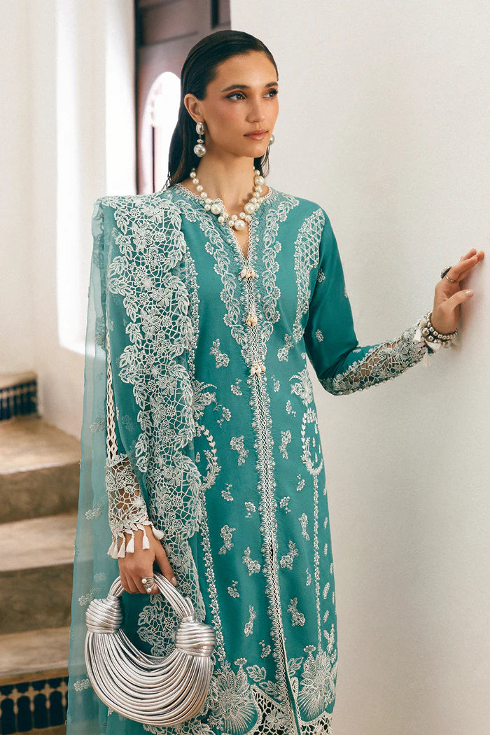 Model wearing teal Saira Rizwan REVE SREP05-25 from Sajri Eid Pret '25, Pakistani luxury pret outfit available online in UK.