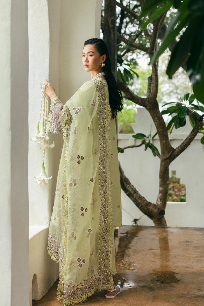 Model wearing soft lime green Saira Rizwan ELAN SREP01-25 from Sajri Eid Pret '25, Pakistani luxury pret, shop Pakistani clothes online in UK.