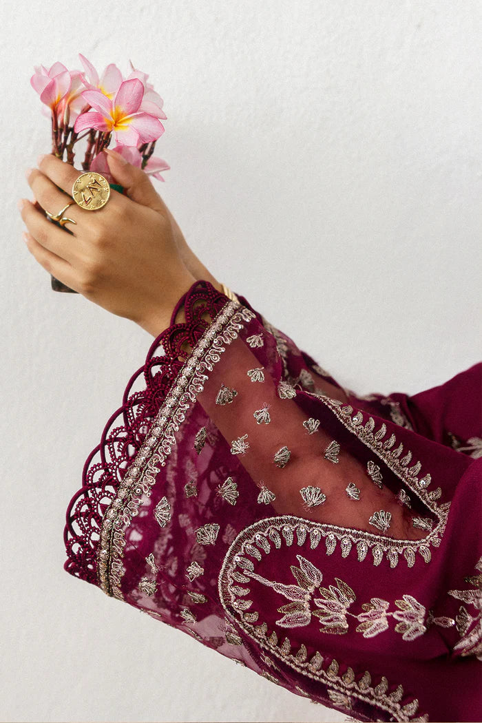 Model wearing deep maroon Saira Rizwan BELLA SREP03-25 from Sajri Eid Pret '25, Pakistani luxury pret, shop Saira Rizwan clothes online in UK.
