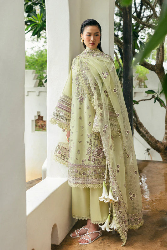 Model wearing soft lime green Saira Rizwan ELAN SREP01-25 from Sajri Eid Pret '25, Pakistani luxury pret, shop Pakistani clothes online in UK.