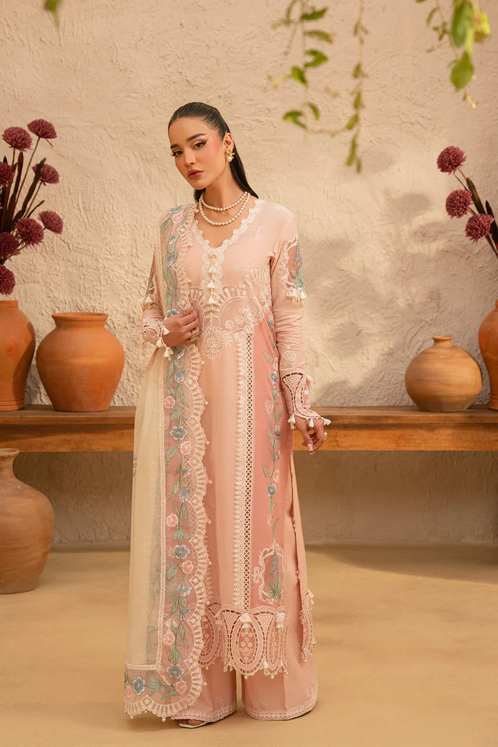 Model wearing soft peach embroidered dress with floral organza dupatta from Saira Rizwan, Pakistani luxury pret, Pakistani clothes online in UK.