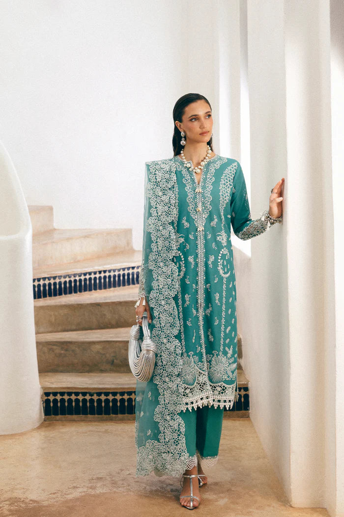 Model wearing teal Saira Rizwan REVE SREP05-25 from Sajri Eid Pret '25, Pakistani luxury pret outfit available online in UK.