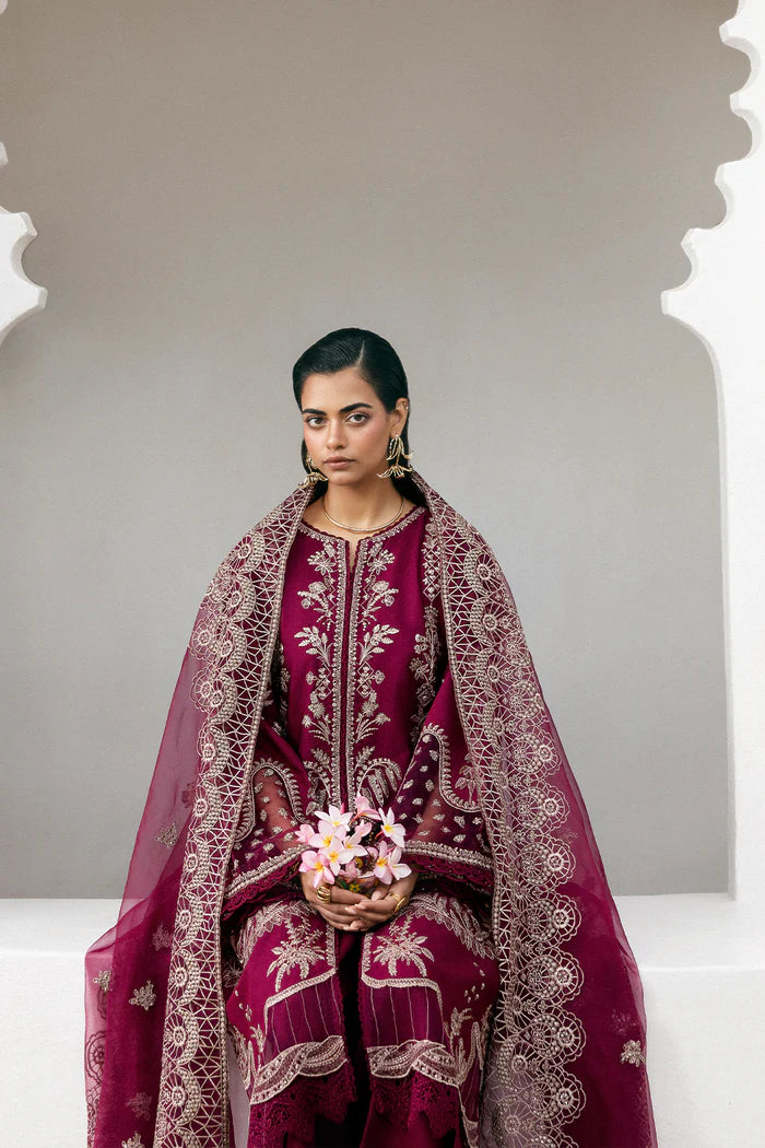 Model wearing deep maroon Saira Rizwan BELLA SREP03-25 from Sajri Eid Pret '25, Pakistani luxury pret, shop Saira Rizwan clothes online in UK.