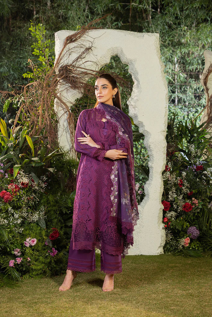 Model wearing Sobia Nazir Design 2B deep purple luxury lawn dress with intricate embroidery. Shop Pakistani clothes online in the UK for casual and festive wear.