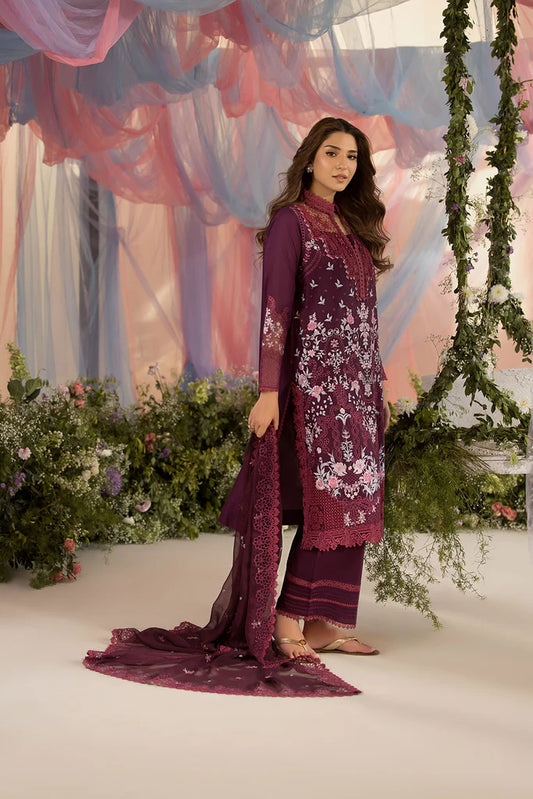 Model wearing Sobia Nazir Design 6A deep plum luxury lawn dress. Shop Pakistani clothes online in the UK for summer casual and festive wear.