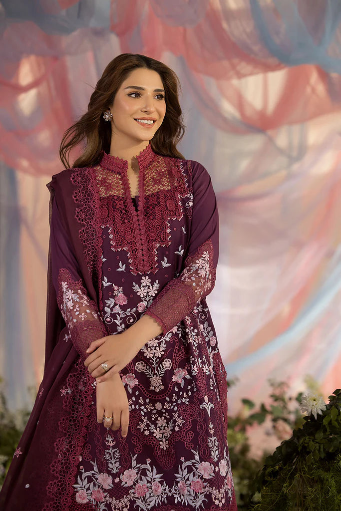 Model wearing Sobia Nazir Design 6A deep plum luxury lawn dress. Shop Pakistani clothes online in the UK for summer casual and festive wear.