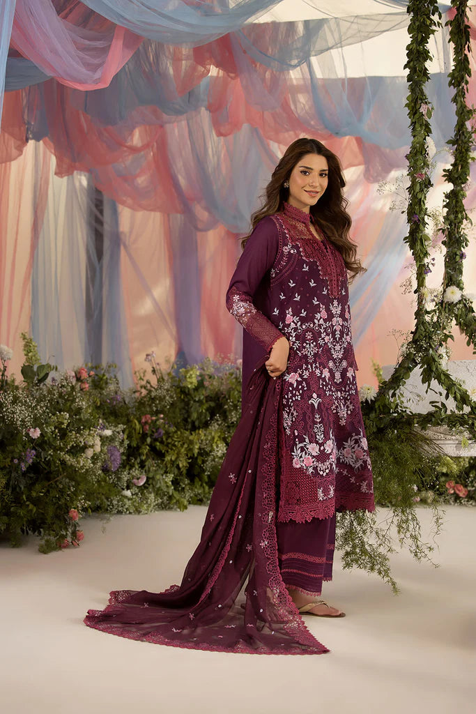 Model wearing Sobia Nazir Design 6A deep plum luxury lawn dress. Shop Pakistani clothes online in the UK for summer casual and festive wear.