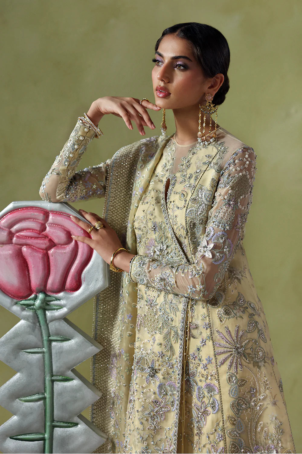 Model wearing Liora by Soraya in soft mustard embellished saree – Pakistani luxury pret ideal for weddings, shop Pakistani clothes online in UK.