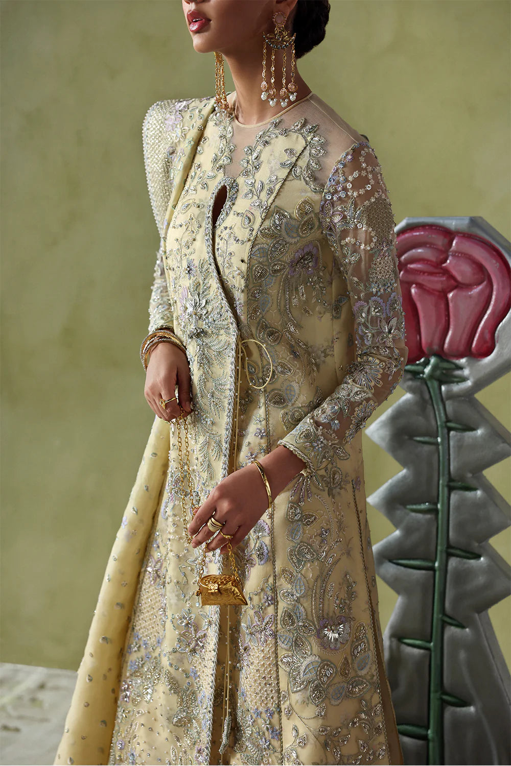 Model wearing Liora by Soraya in soft mustard embellished saree – Pakistani luxury pret ideal for weddings, shop Pakistani clothes online in UK.