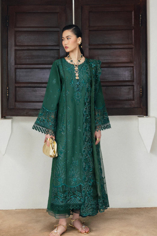 Model wearing emerald green Saira Rizwan CLAIR SREP08-25 from Sajri Eid Pret '25, Pakistani luxury pret outfit available online in UK.
