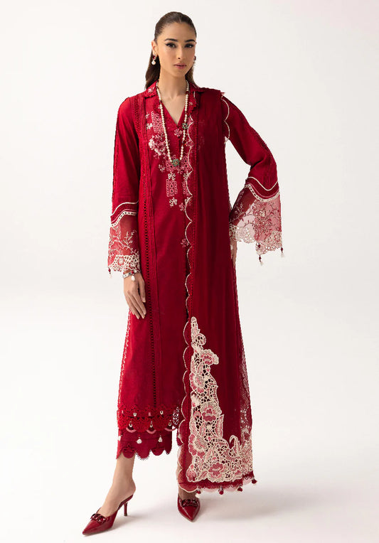 Please write an alt text for a Shopify product image. The alt text should be no more than 125 characters long, clearly describe the image, and incorporate relevant SEO keywords for the product. 
The product is Qalamkar | Basic Pret '25 | KT-03 Naire and the image features model wearing KT-03 Naire from Qalamkar. Aim to highlight keywords of brand name such as Saffron and Pakistani clothes online in UK, Pakistani Luxury pret etc. and ensure the alt text is both descriptive and engaging for SEO purposes.