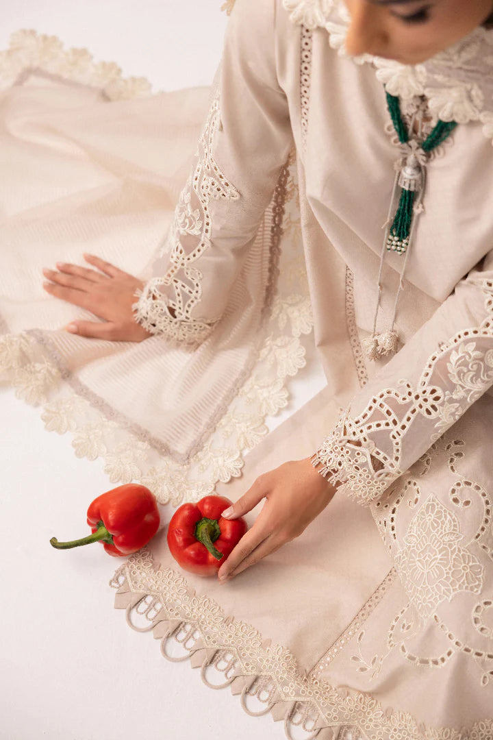 Model wearing ivory embroidered dress from Qalamkar Basic Pret '25 KT-03 Naire, Saffron Pakistani Luxury pret available online in UK.