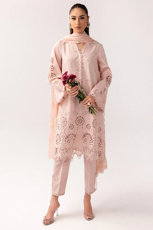 Model wearing soft pink embroidered dress from Qalamkar Basic Pret '25 KT-05 Shareen, Saffron Pakistani Luxury pret online in UK.