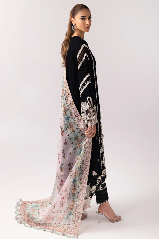 Model wearing black embroidered dress from Qalamkar Basic Pret '25 KT-07 Mahira, Saffron Pakistani Luxury pret available online in UK.