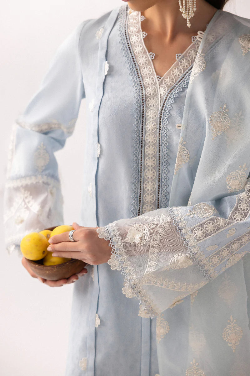 Model wearing powder blue embroidered dress from Qalamkar Basic Pret '25 KT-04 Wardah, Saffron Pakistani Luxury pret online in UK.v
