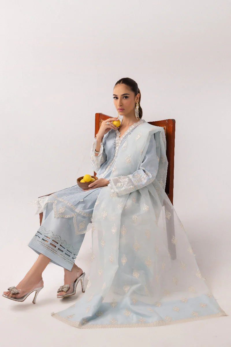 Model wearing powder blue embroidered dress from Qalamkar Basic Pret '25 KT-04 Wardah, Saffron Pakistani Luxury pret online in UK.