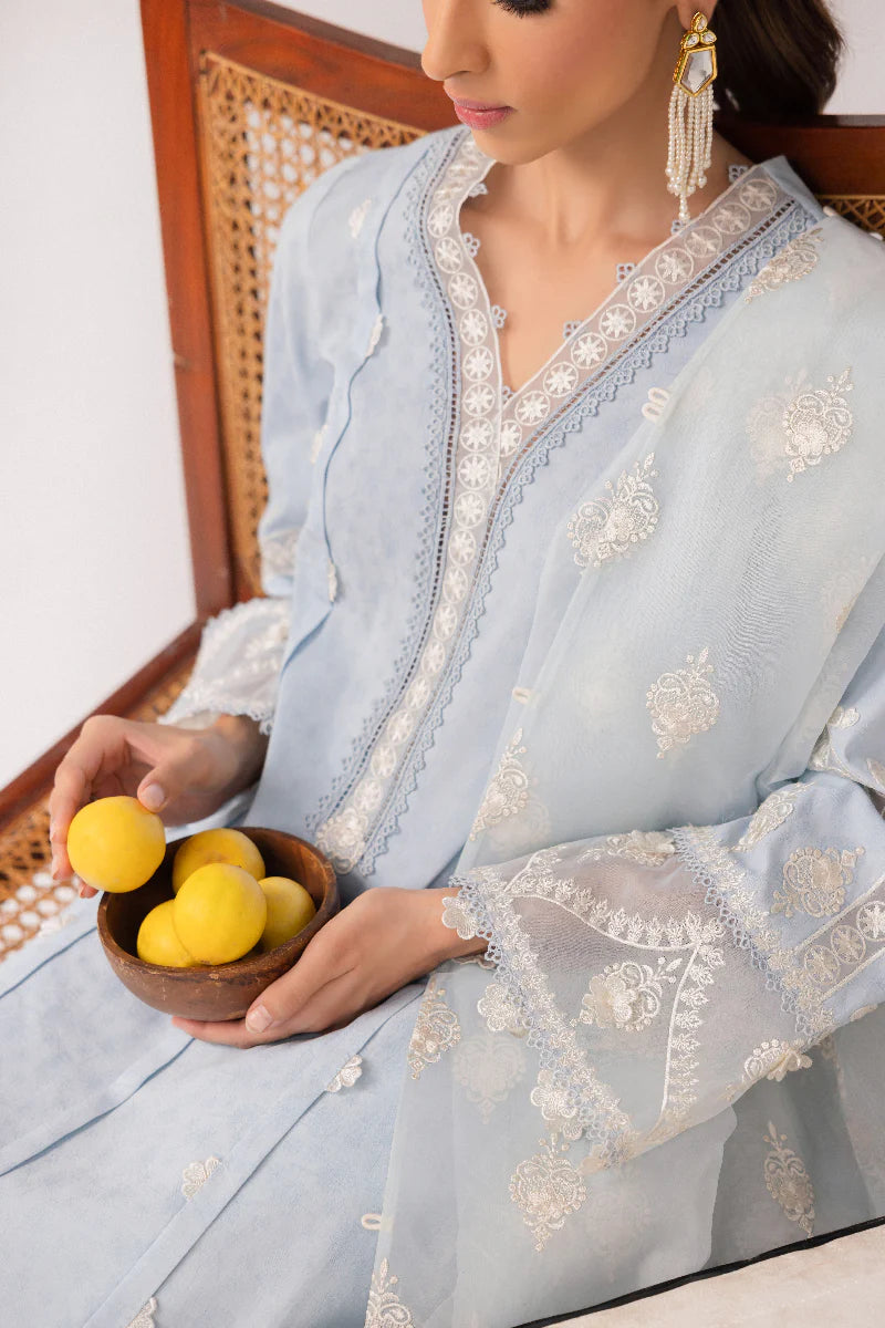 Model wearing powder blue embroidered dress from Qalamkar Basic Pret '25 KT-04 Wardah, Saffron Pakistani Luxury pret online in UK.