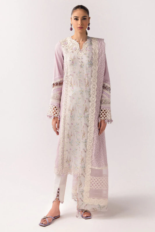Model wearing pastel lilac floral printed dress from Qalamkar Basic Pret '25 KT-06 Zarina, Saffron Pakistani Luxury pret online in UK.
