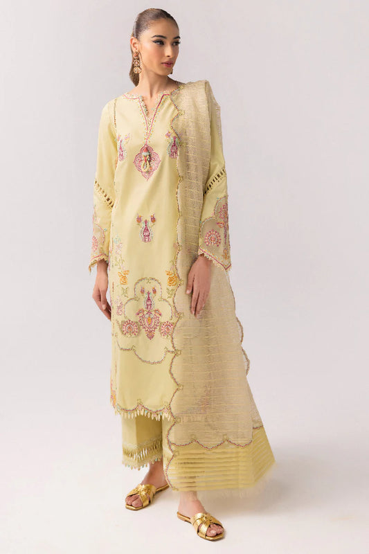 Model wearing lemon yellow embroidered dress from Qalamkar Basic Pret '25 KT-04 Afra, Saffron Pakistani Luxury pret online in UK.