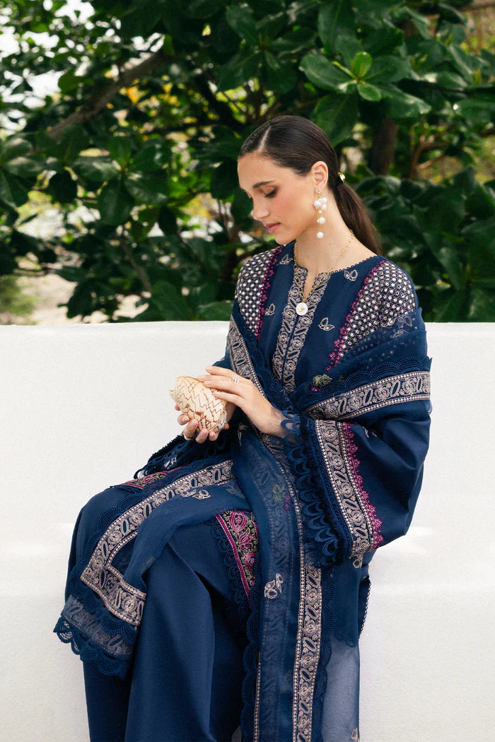 Model wearing navy blue Saira Rizwan LUNE SREP06-25 from Sajri Eid Pret '25, Pakistani luxury pret available online in UK.
