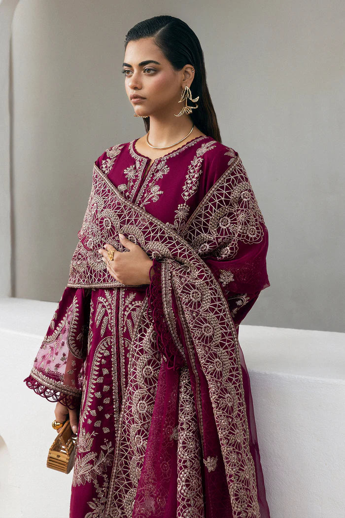 Model wearing deep maroon Saira Rizwan BELLA SREP03-25 from Sajri Eid Pret '25, Pakistani luxury pret, shop Saira Rizwan clothes online in UK.