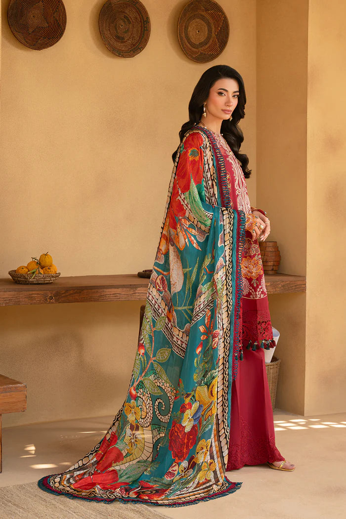 Model wearing maroon embroidered three-piece suit with printed dupatta from Saira Rizwan, Pakistani luxury pret, Pakistani clothes online in UK.