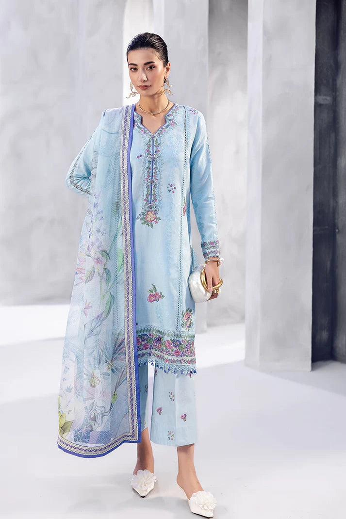 Model wearing sky blue Elara from Mushq La Toscana Casual Pret '25, Pakistani luxury pret and Pakistani clothes online in UK.