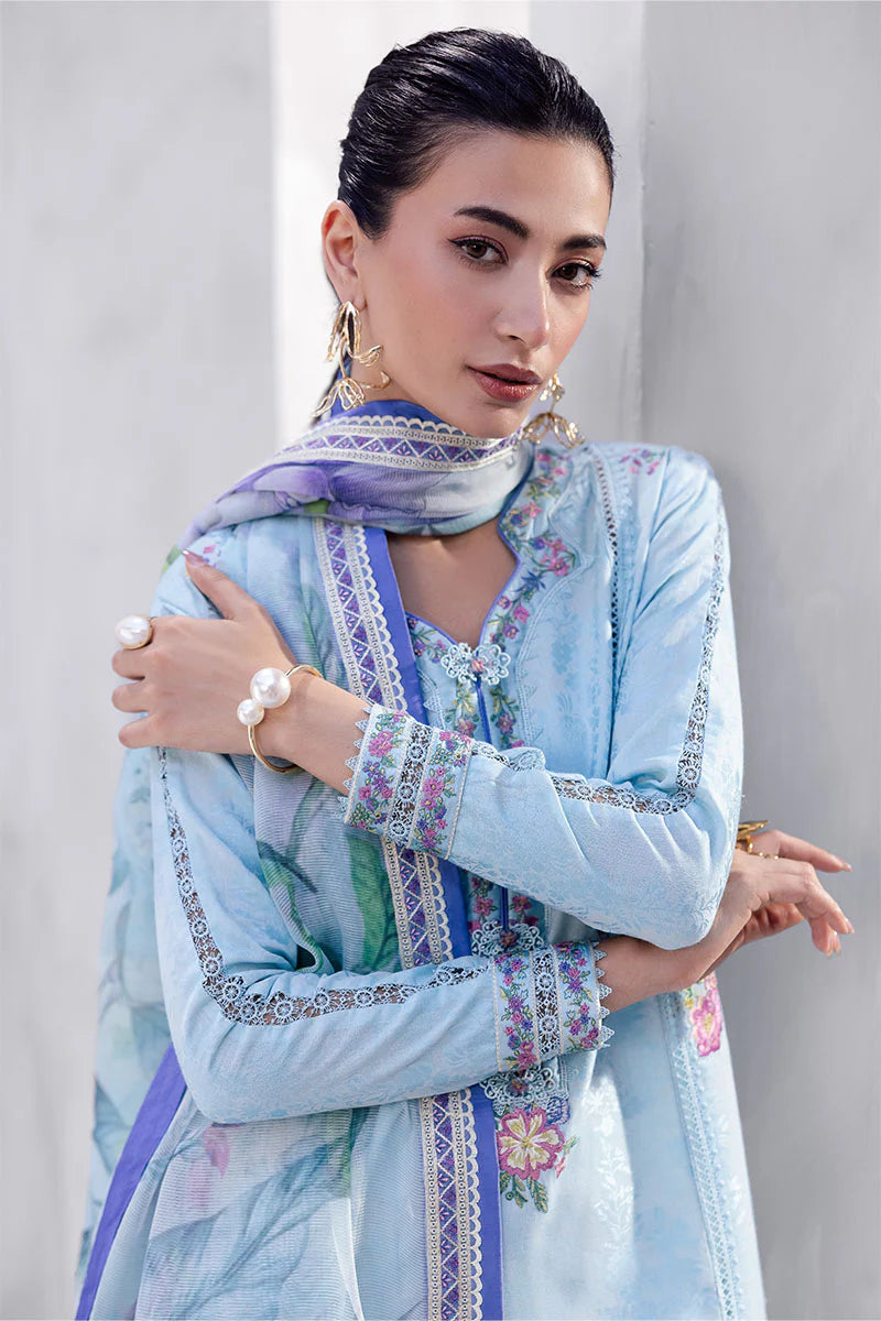 Model wearing sky blue Elara from Mushq La Toscana Casual Pret '25, Pakistani luxury pret and Pakistani clothes online in UK.