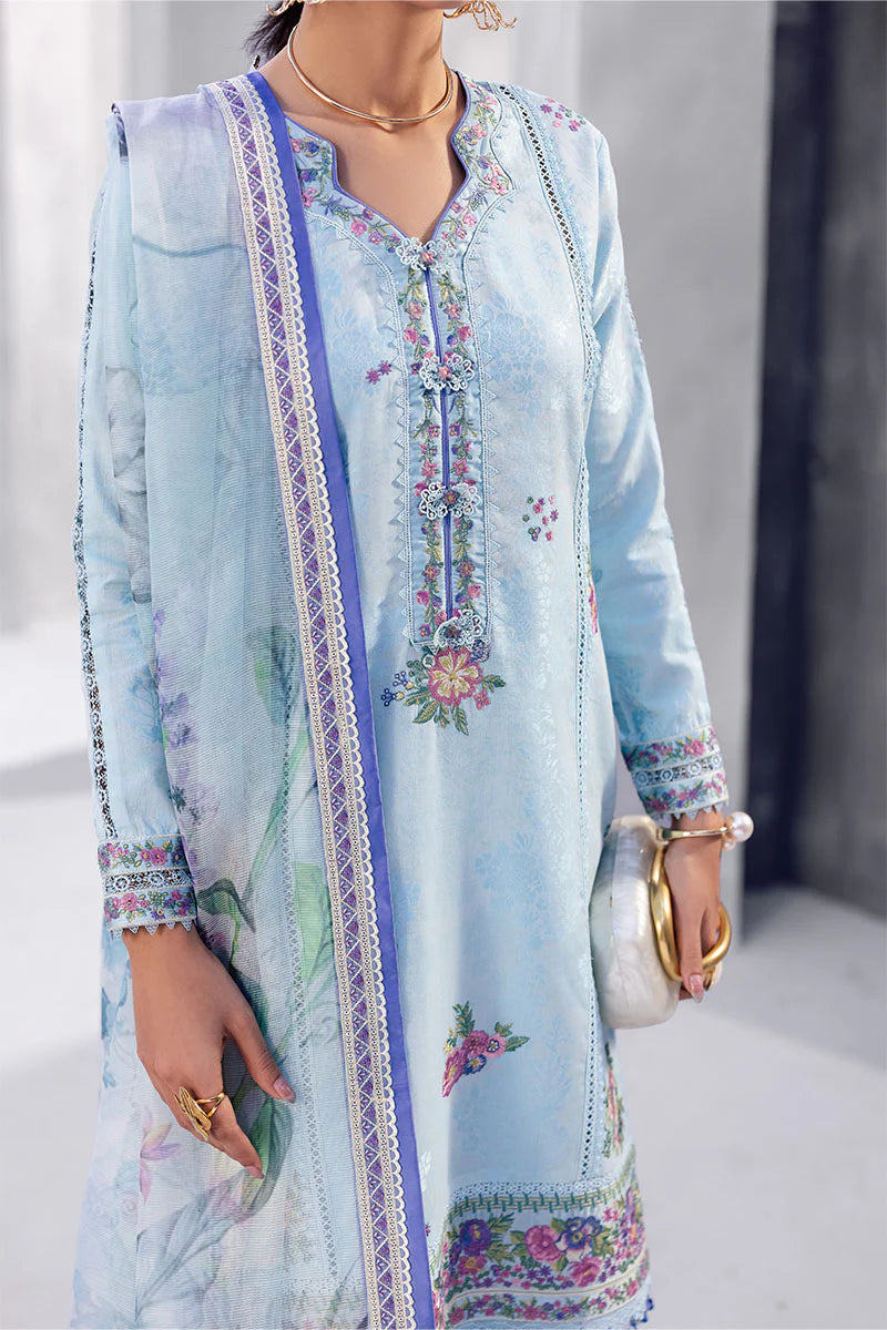 Model wearing sky blue Elara from Mushq La Toscana Casual Pret '25, Pakistani luxury pret and Pakistani clothes online in UK.