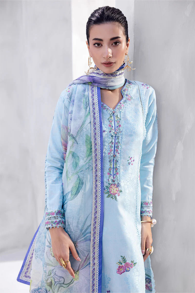 Model wearing sky blue Elara from Mushq La Toscana Casual Pret '25, Pakistani luxury pret and Pakistani clothes online in UK.