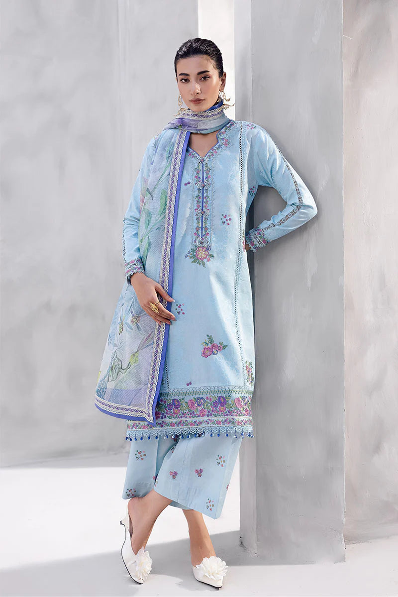 Model wearing sky blue Elara from Mushq La Toscana Casual Pret '25, Pakistani luxury pret and Pakistani clothes online in UK.