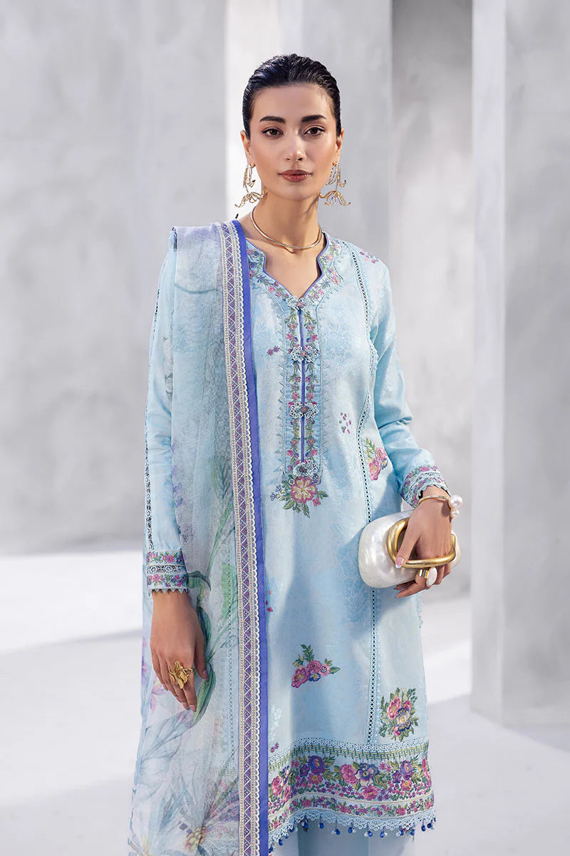 Model wearing sky blue Elara from Mushq La Toscana Casual Pret '25, Pakistani luxury pret and Pakistani clothes online in UK.