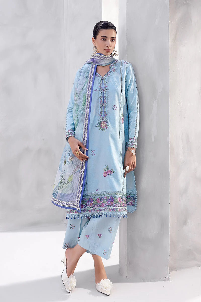 Model wearing sky blue Elara from Mushq La Toscana Casual Pret '25, Pakistani luxury pret and Pakistani clothes online in UK.